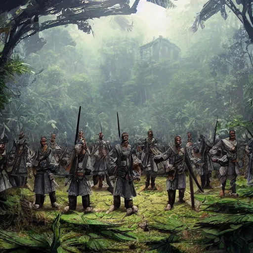 Image similar to an army of samurai standing in the ruins of a destroyed monastery, they are in a jungle with vines everywhere, digital art, artstationhq