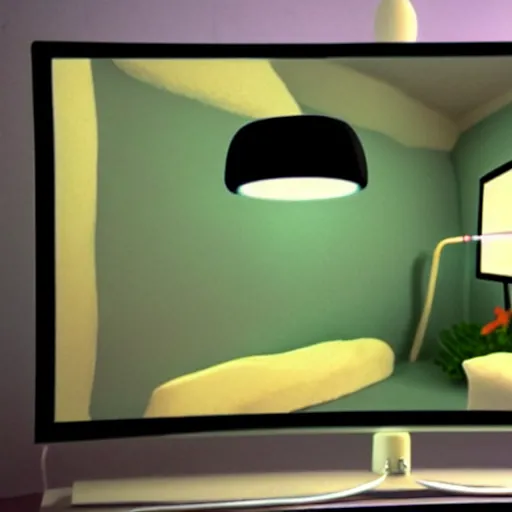 Image similar to crt televisions in a room with a lamp, claymation, 3 d, pixar, film grain, fisheye lens, made out of clay