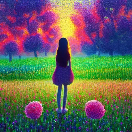 Prompt: girl made from surreal flowers, standing in flower field, big trees, sunrise dramatic light, impressionist painting, colorful clouds, digital painting, pointillism, artstation, simon stalenhag