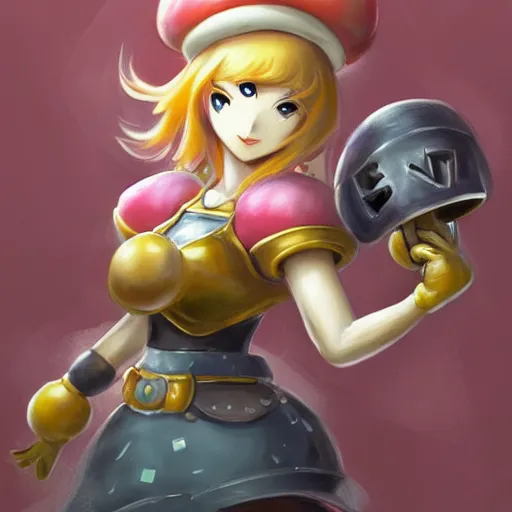 Image similar to princess peach holding a Mario mushroom made of earth and molten metal with heavy knight armor in the style of anime by Peter Mohrbacher, anime trending on artstation, HD, 4k,