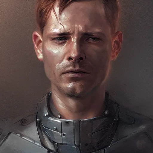 Image similar to Portrait of a man by Greg Rutkowski, he is about 40 years old, short copper hair, attractive, military composure, younger brother vibes, expression of sorrow and disbelief, he is wearing futuristic tactical gear, highly detailed portrait, digital painting, artstation, concept art, smooth, sharp foccus ilustration, Artstation HQ.
