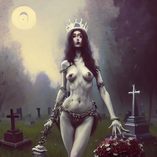 Image similar to bone queen, beautiful girl, full body, bone throne, in a cemetary, realistic, serov, surikov, vasnetsov, repin, kramskoi, insanely detailed, charlie bowater, tom bagshaw, high resolution, octane rendered, unreal engine, illustration, trending on artstation, masterpiece, 8 k