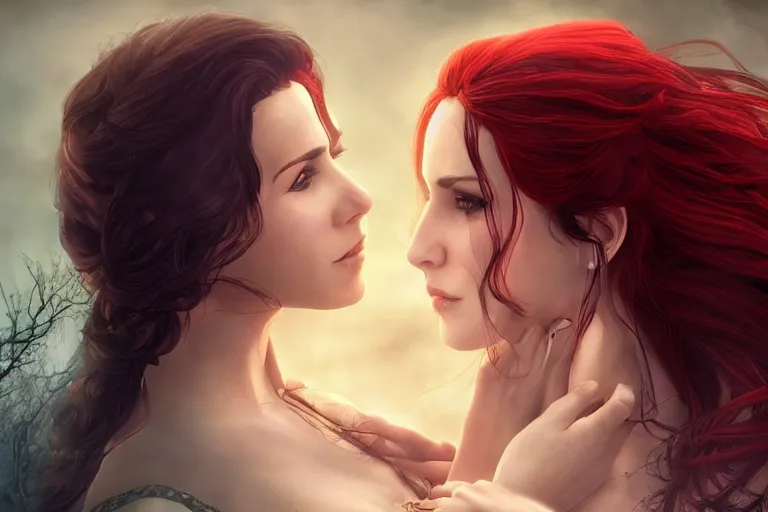 Prompt: romantic photoshoot of yennefer of vengerberg passionately kissing triss merigold. women from the witcher. photo - realistic hd, hyperrealism, colourful, highly detailed, romantic, dreamy, steamy, cinematic, luminescence, 3 2 k, dop, high contrast, intricate, mystery, epic, fantasy