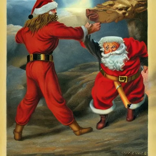 Image similar to Santa Claus vs. Jesus in an epic battle