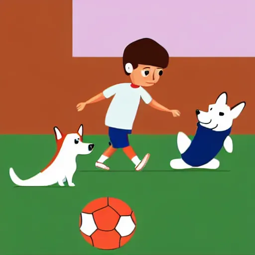 Prompt: illustration of french boy playing football with a corgi who is wearing a polka dot scarf