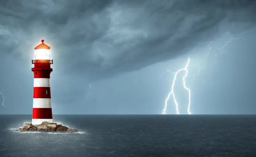 Image similar to a movie still of a lighthouse with a thunderstorm, highly detailed, 8 k