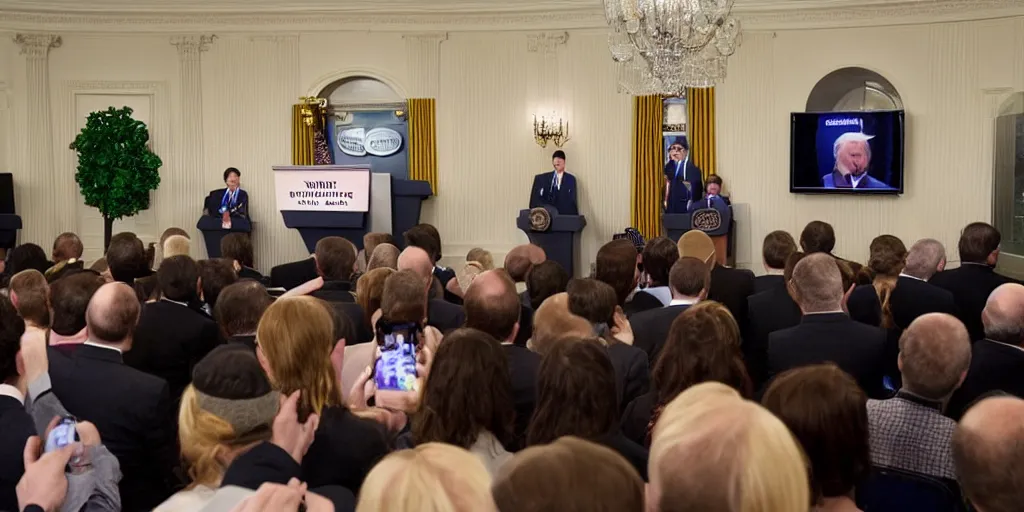 Prompt: White House press briefing with a Minecraft creeper sneaking up behind the President