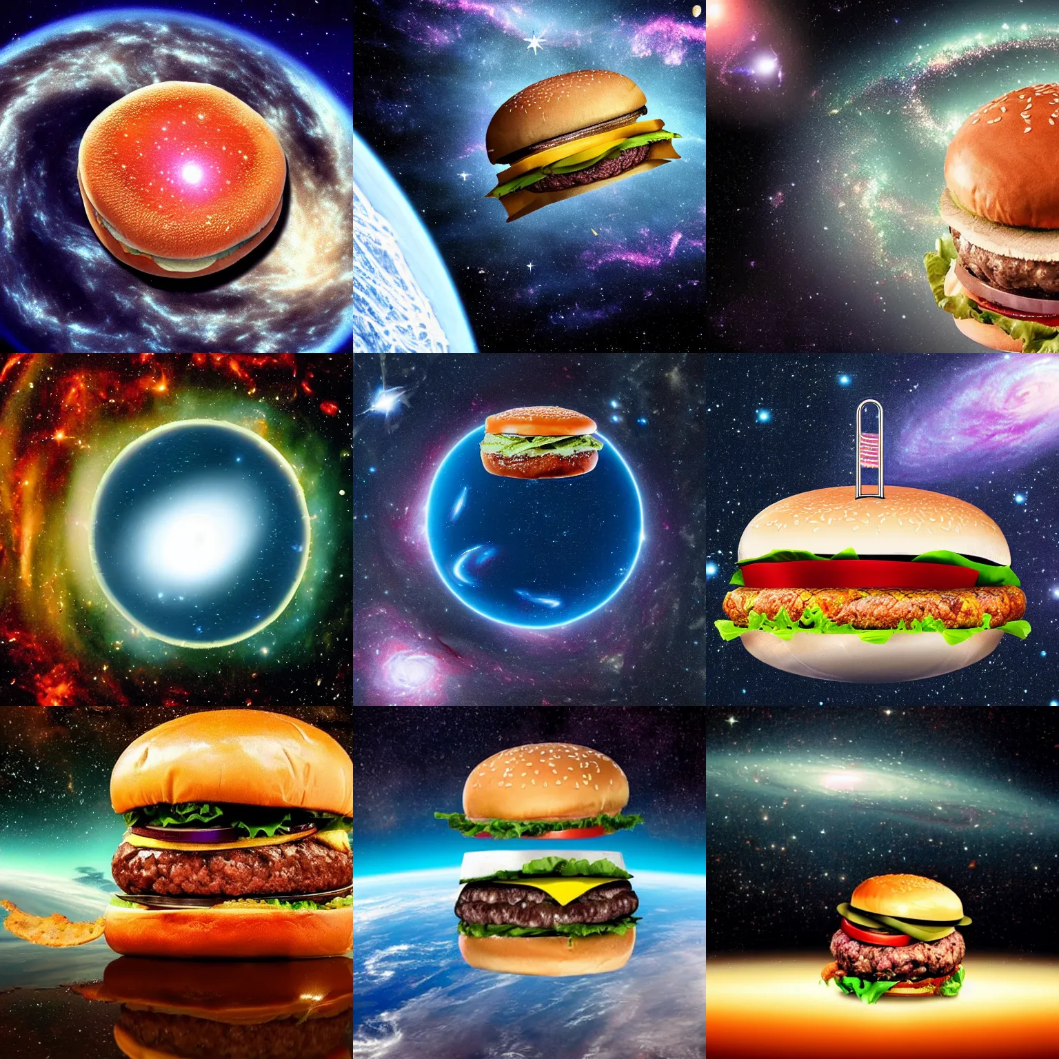 Prompt: Delicious looking burger floating in space, galaxies, stars, telescope image