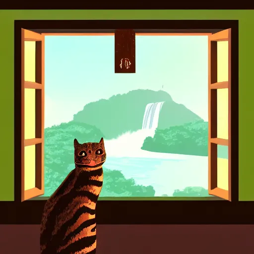 Image similar to a beautiful landscape including a waterfall and a forest through a window, cat sitting on the edge of the window, illustration, digital art, trending on artstation, no signature