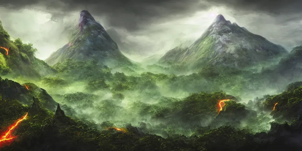 Prompt: boundary of two lands, green wild jungle vs dark mountain with lava, magic and lightning, epic, fantasy, D&D, intricate, epic landscape, highly detailed, sharp focus, cinematic lighting