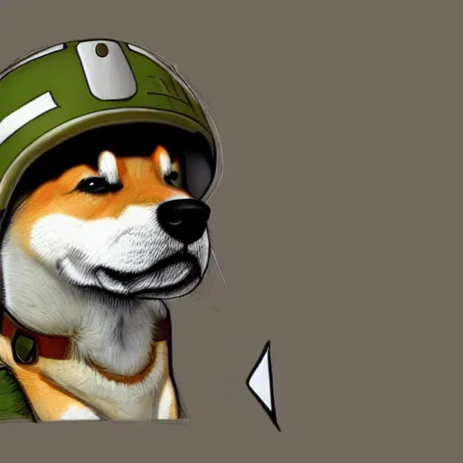 Image similar to A drawing of a Shiba Inu dog wearing a soldier's helmet, realistic, color