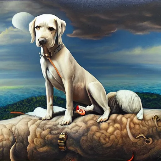 Image similar to dog dreams, surrealism, oil on canvas, high detail, masterpiece