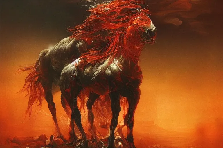 Image similar to a white cyberpunk horses with human heads, in the style of beksinski, intricate and epic composition, red by caravaggio, insanely quality, highly detailed, masterpiece, red light, artstation, 4 k
