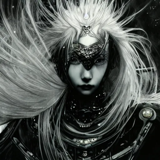 Image similar to Yoshitaka Amano realistic illustration of an anime girl with wavy white hair and cracks on her face wearing Elden ring armour with the cape fluttering in the wind, abstract black and white patterns on the background, noisy film grain effect, highly detailed, Renaissance oil painting, weird portrait angle