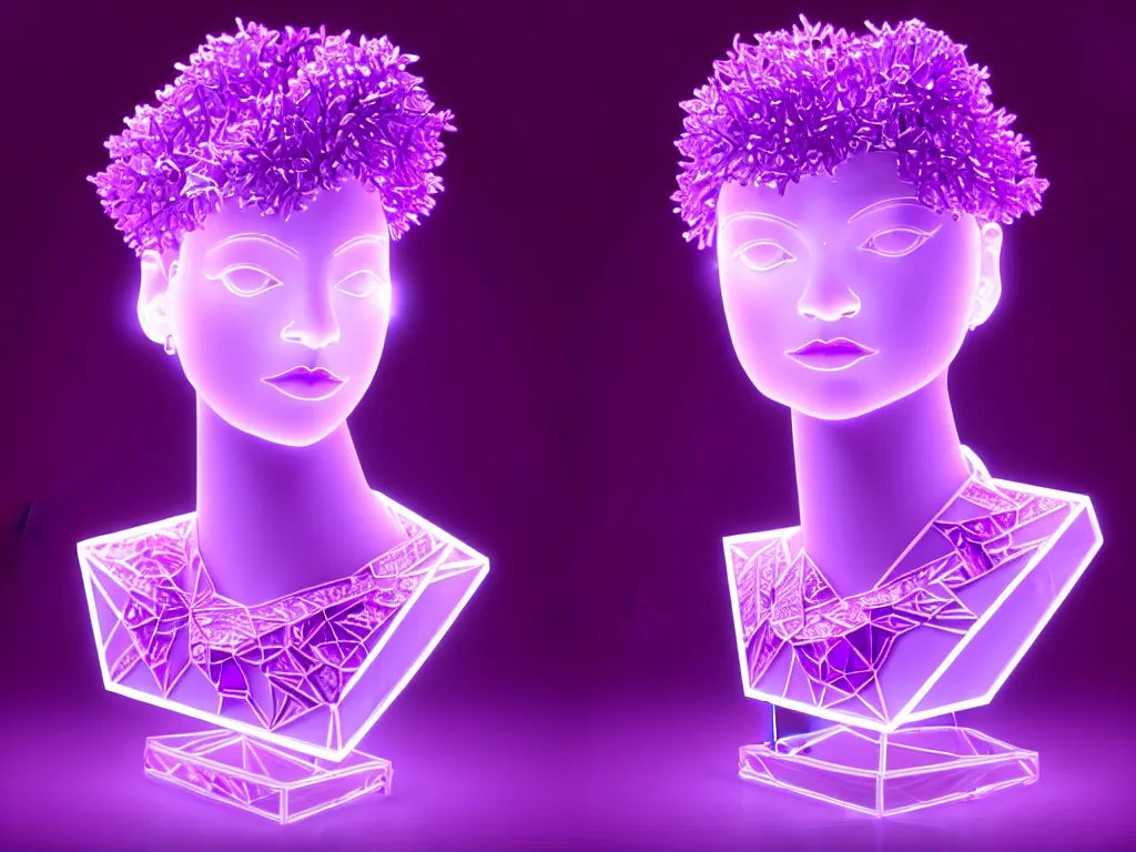 Image similar to beautiful mannequin sculpted out of amethyst by billelis + lit with purple 3 d geometric neon + chrome geometric cubed bonsai plants!!!!, doorway opening with neon pink geometric light, clean linework, dramatic, finely detailed, rule of thirds, moody, confident, award winning, 4 k, trending on artstation, photorealistic, volumetric lighting, octane render