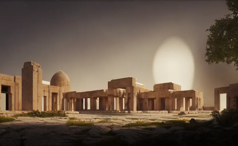 Prompt: exterior shot of utopian ancient persian temple with cinematic lighting by peter zumthor and renzo piano, darek zabrocki and greg ruthkowski, simon stalenhag, cinematic, holy place, paradise, scifi, futurism, atmospheric, concept art, artstation, trending on artstation