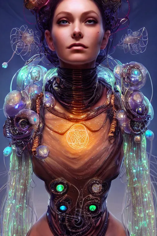 Prompt: a centered render of an alluring majestic post apocalyptic cyborg goddess wearing flowing silk gemstones and crystals and leather clothing surrounded by bio - luminescent jellyfish and sacred geometry, perfect body and face, gorgeous, cinematic, beautifully lit, by artgerm, by karol bak, by donato giancola, 3 d, trending on artstation, octane render, 8 k