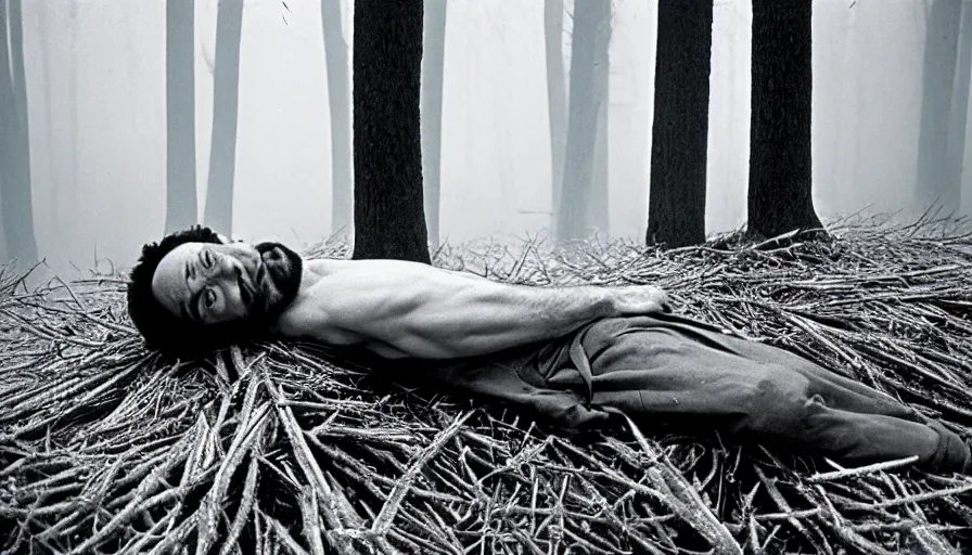 Image similar to 1 9 6 0 s movie still close up of a skinny emperor marcus aurelius with frozen face, laying down on the danube's shore pine forests, cinestill 8 0 0 t 3 5 mm b & w, high quality, heavy grain, high detail, cinematic composition, dramatic light, anamorphic, hyperrealistic, very foggy, by irving penn