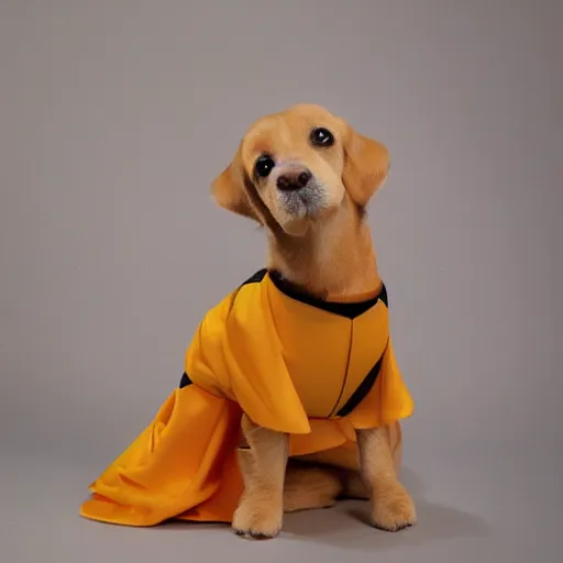 Prompt: mac and cheese serene gown dog