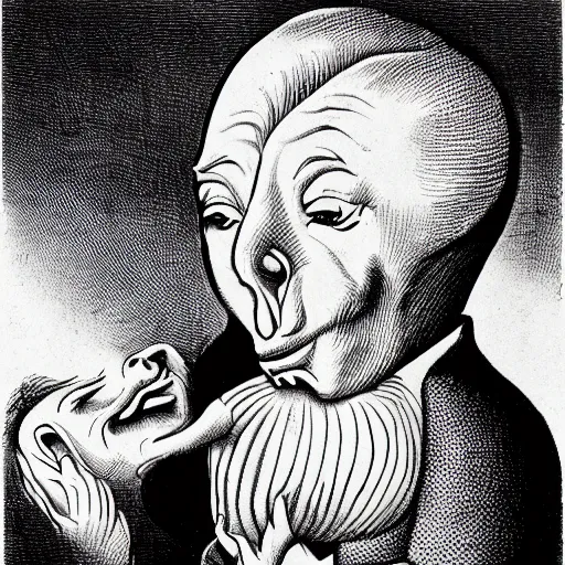 Image similar to a surrealist cartoon image of an old woman swallowing a whole goat