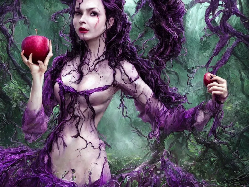 Image similar to evil fantasy queen with black hair holding an apple with both hands in the violet forest dark forest, frame from a fantasy movie, very detailed, cinematic, artstation trending.