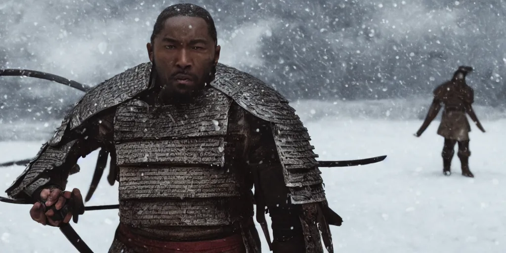 Image similar to a film still of a black man starring in a japanese blockbuster film as ancient samurai, fighting against alien creatures, snow, shallow depth of field, cinematic, award winning cgi, vfx, film still