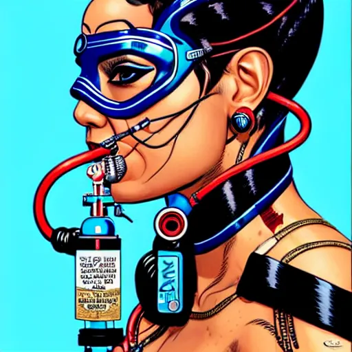 Image similar to a profile photo of a egyptian woman with a diving oxygen mask with side profile blood in ocean intricate details by MARVEL comics and Sandra Chevrier-C