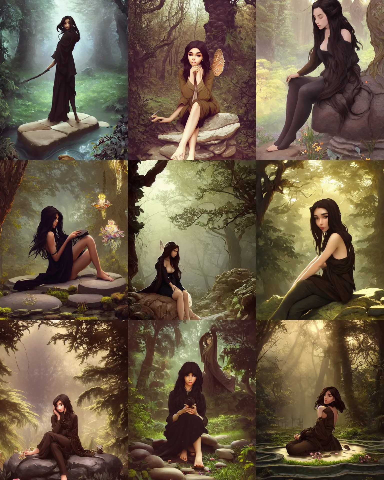 Prompt: brown black coat joghpurs madison beer sitting on the stone in sacred garden, soft light, trees, mystic fairy fantasy atmosphere deep focus, pinup pulp art, intricate, elegant, highly detailed, digital painting, artstation, concept art, matte, sharp focus, illustration, hearthstone, art by rhads and artgerm and greg rutkowski and alphonse mucha.