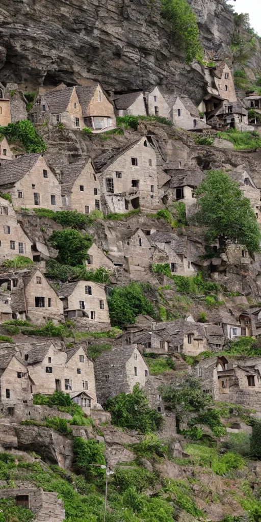 Image similar to a large village of stone houses carved into the side of a tall cliff