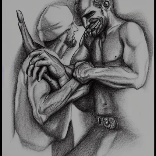 Prompt: god and the devil arm wrestling to see who wins the souls, pencil sketch