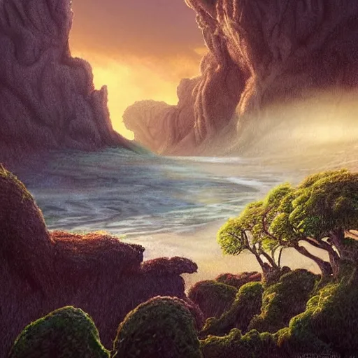 Image similar to artistic digital artwork of a lush natural scene on an alien planet. beautiful landscape by vincent bons, michael whelan and remedios varo. weird vegetation. cliffs and water. grainy and rough. interesting pastel colour palette. beautiful light. oil and water colour based on high quality render.