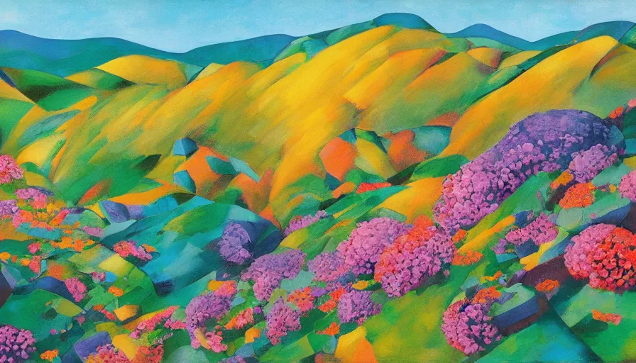 Image similar to mountain landscape in spring!!, flowers, teal landscape, dreamy light, sunny complementary palette, by and jacek yerga and tamara de lempicka and jesse king, pop surrealist, wiccan