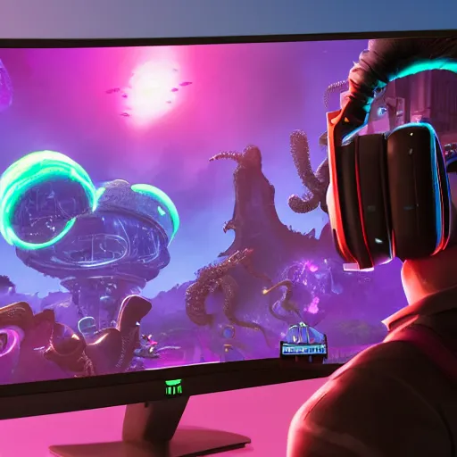 Image similar to view from behind of an eldritch lovecraftian cosmic horror wearing headset watching monitor displaying fortnite, intricate detail, cinematic composition