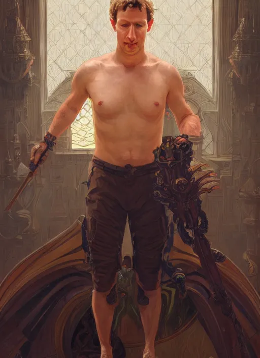 Image similar to symmetry!! portrait of mark zuckerberg + jeff bezos, fantasy, medieval wear, intricate, elegant, highly detailed, digital painting, artstation, concept art, smooth, sharp focus, illustration, art by artgerm and greg rutkowski and alphonse mucha