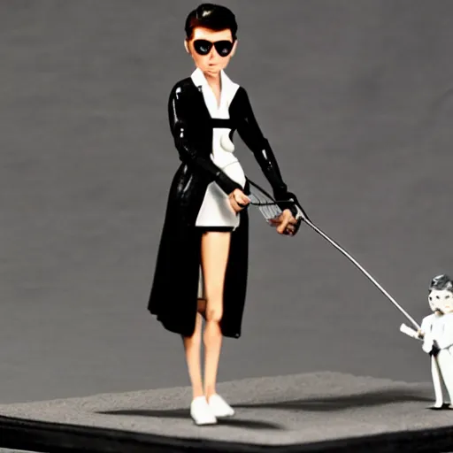 Prompt: audrey hepburn cos play ernst blofeld, stop motion vinyl action figure, plastic, toy, butcher billy style