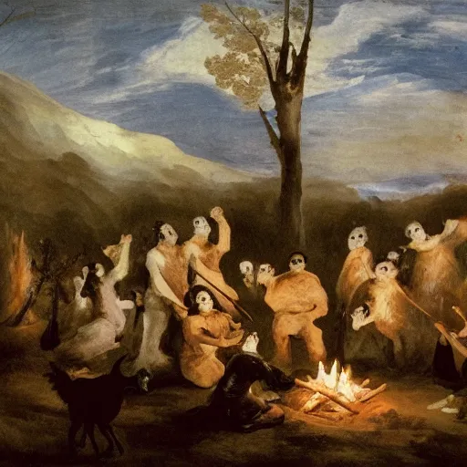 Image similar to goya forest with a cult performing a ritual with a bonfire where a goat flies