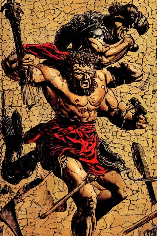 Image similar to ancient historically accurate depiction of the Bible Character Goliath of Gath, the Philistine warrior giant by frank miller