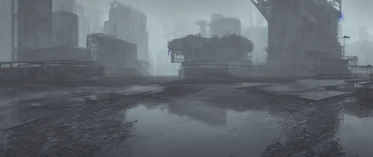 Image similar to heavy mechanical weapon by Ian McQue, concrete brutalism buildings by le corbusier on the background, dark, foggy, puddles of water, woods, high quality, volumetric lighting, cryengine