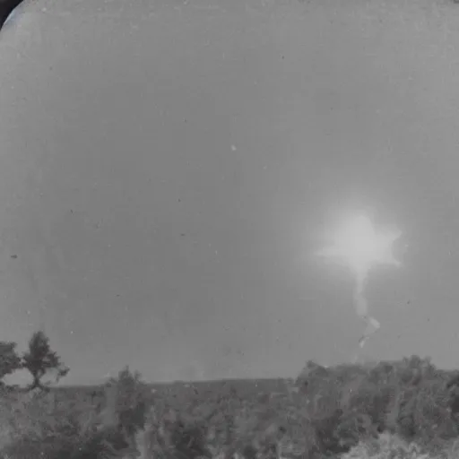 Image similar to a very bright flash in the sky, a large explosion in the distance, taken on a ww 2 camera, very high bloom ammount, realistic, the photograph is very dirty.