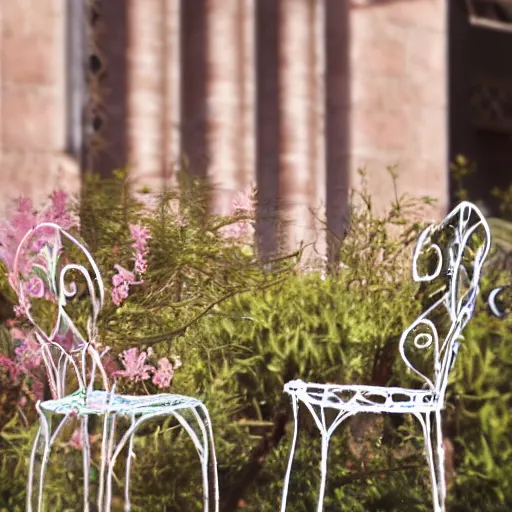 Image similar to out of focus, delicate, chairs, garden, paved, botanic watercolors, iridescent, 8 k, realistic shaded, fine details, artstation, italian, iron gate, tree, mediterranean