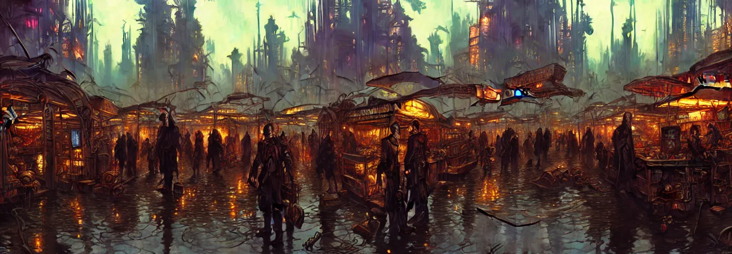 Prompt: steampunk cyberpunk city in a swamp, busy market, godrays, cinematic, poster art by james gurney, weta studio, lucasfilm jesper ejsing, norman rockwell, mucha, ilya kuvshinov, greg rutkowski frank frazzeta on artstation