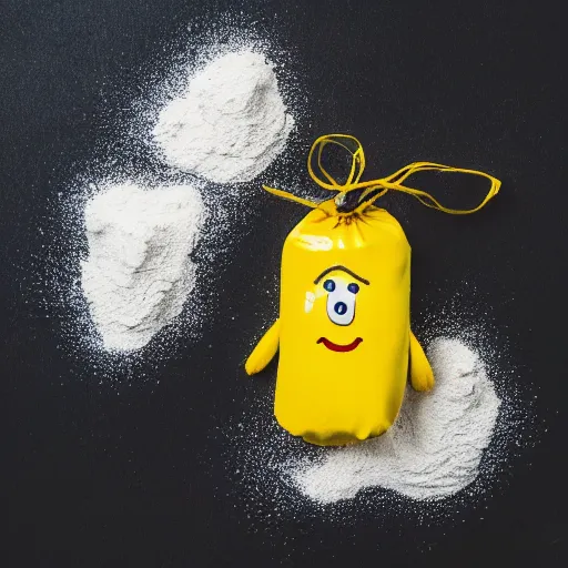 Image similar to yellow m & m holding bag of white powder