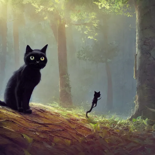 Prompt: a beautiful painting of a cute black cat in a forest. pixar character design by cory loftis, fenghua zhong, ryohei hase, ismail inceoglu and ruan jia. artstation, volumetric light, detailed, photorealistic, rendered in octane