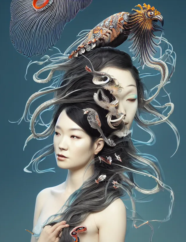 Image similar to 3 d goddess half - turn portrait with long hair with ram skull. beautiful intricately detailed japanese crow kitsune mask and clasical japanese kimono. betta fish, jellyfish phoenix, bio luminescent, plasma, ice, water, wind, creature, artwork by tooth wu and wlop and beeple and greg rutkowski