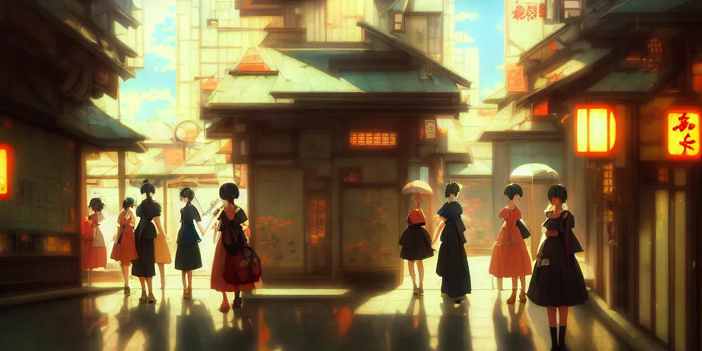 Image similar to baroque oil painting of key visual environment concept art of anime maid cafe in modern japan, brutalist, dark fantasy, rule of thirds golden ratio, fake detail, trending pixiv fanbox, acrylic palette knife, style of makoto shinkai studio ghibli genshin impact jamie wyeth james gilleard greg rutkowski chiho aoshima