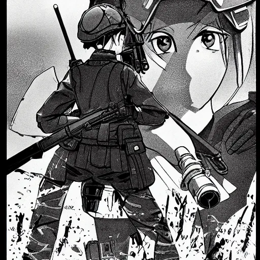 Prompt: manga style, clean simple line art, portrait of girl, under artillery fire, trench sandbags in background, well composed, soldier clothing, short hair, hair down, symmetrical facial features, marvel comic, detailed drawing, trending in japan, by masashi kishimoto