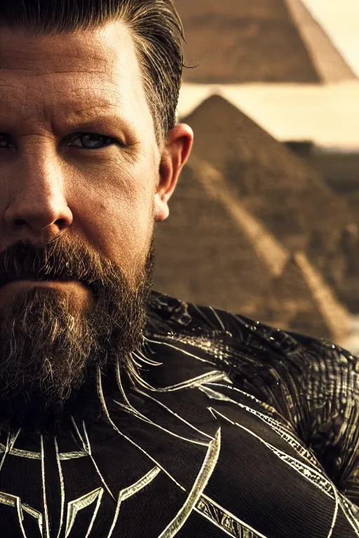 Prompt: portrait of Gavin Mcinnes in the Black Panther, close-up, sigma male, rule of thirds, award winning photo, highly detailed features, raining, ethereal lighting, Egypt Pyramid backdrop