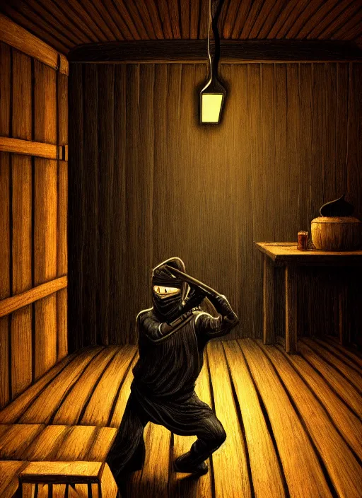 Prompt: ninja in finnish sauna, backround dark, highly detailed, digital illustration, trending in artstation, modern painting, smooth, sharp focus, intricate, einar jonsson, ilya repin