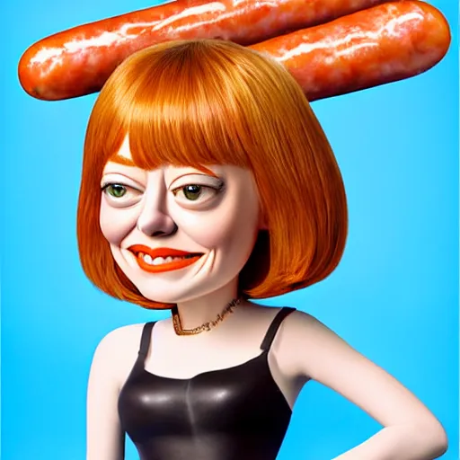 Image similar to hyperrealistic emma stone caricature surrounded by long fat frankfurter sausages by bob byerley and aardman animation, mascot, target reticles