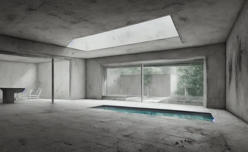 Image similar to painting of interior shot of a white concerete brutalist house with big pools by darek zabrocki and greg ruthkowski, cinematic and cold atmospheric, archillect concept art, artstation, trending on artstation